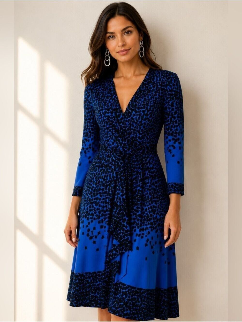 BCBGMAXAZRIA Blue Black Faux Wrap Midi Dress M Office Siren Cocktail Career - Picture 10 of 12